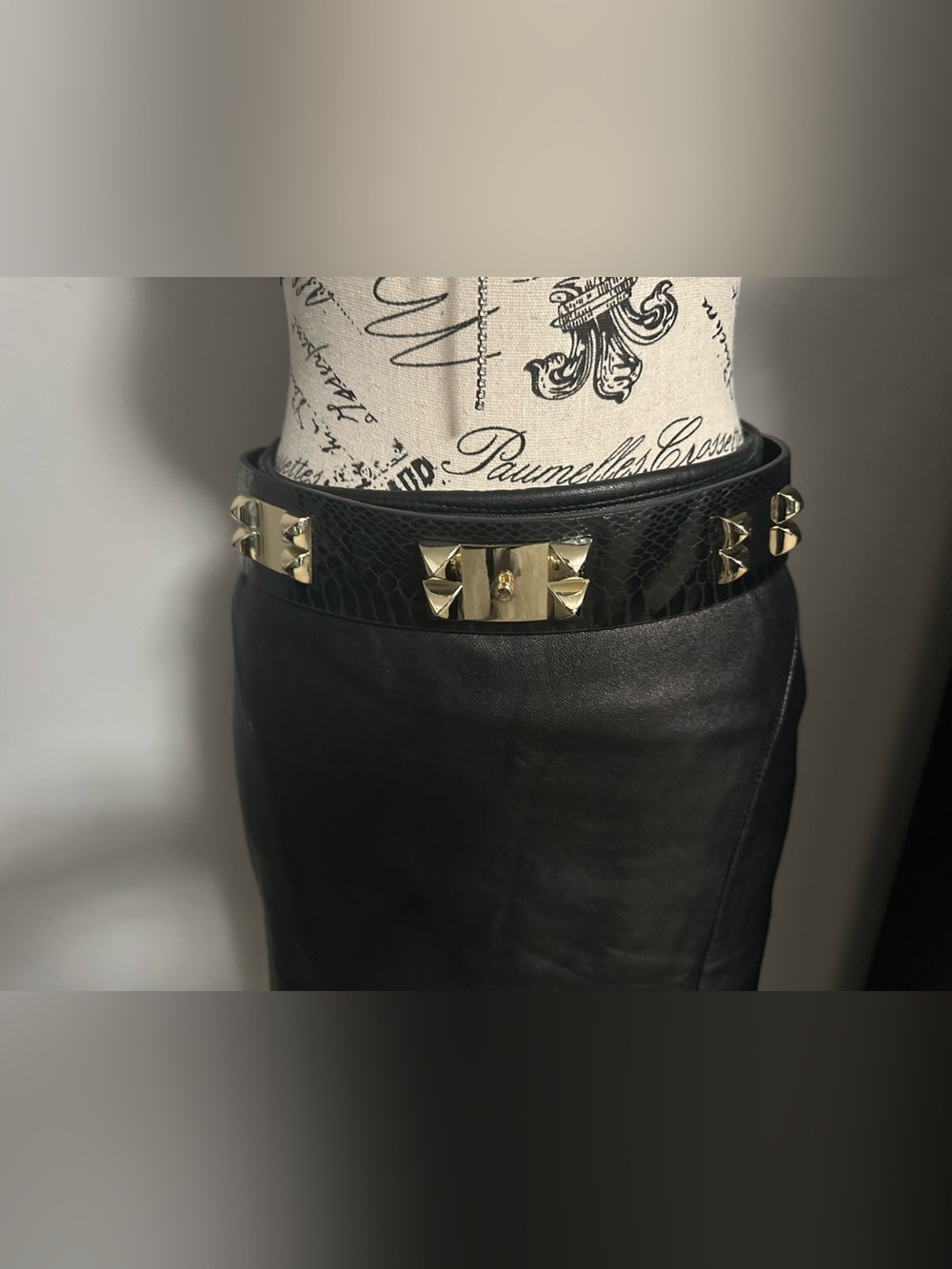 BEBE Black Leather Belt with Gold Pyramid Studs - Size S